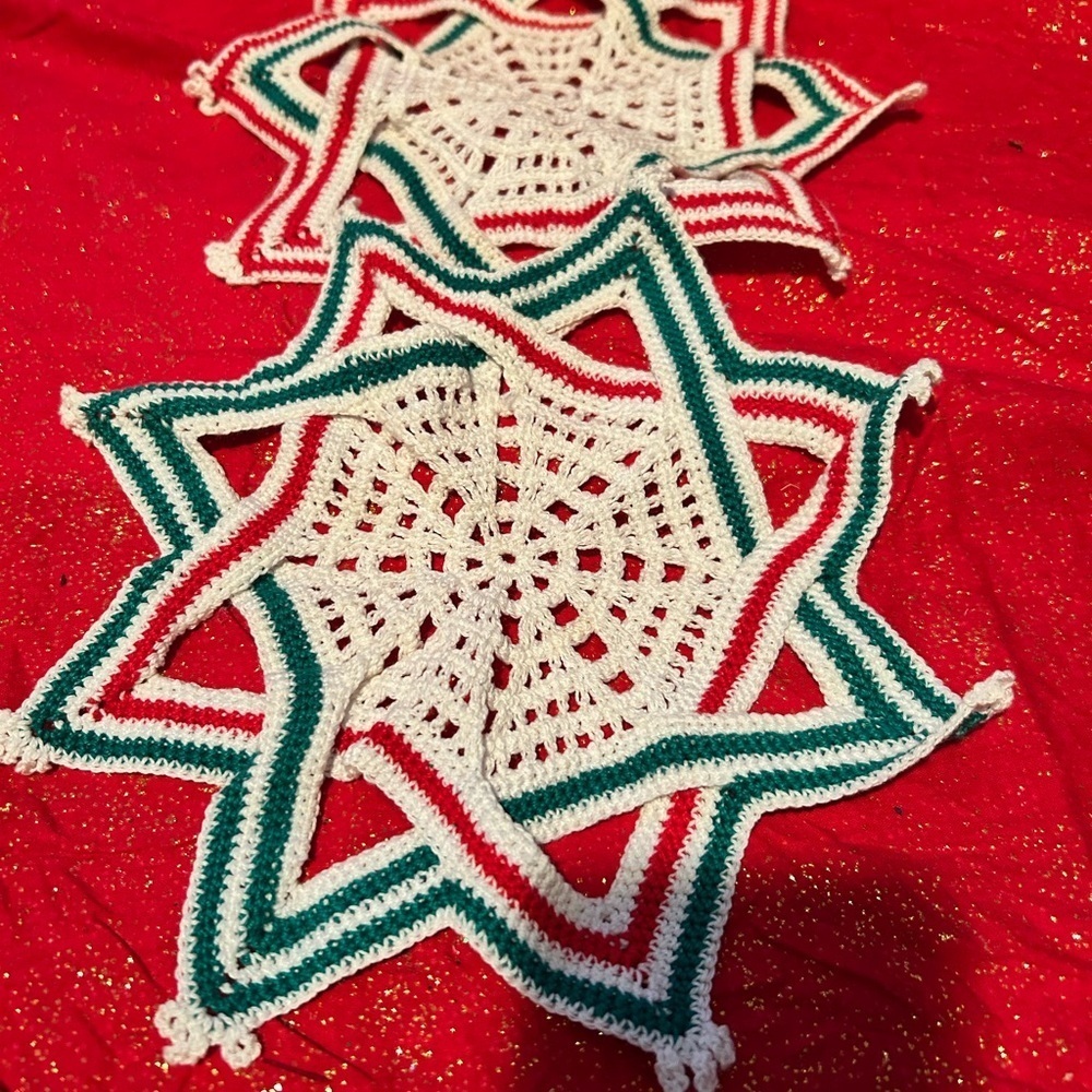 Two handmade Festive Crochet Star Doilies to add to your Christmas decor.